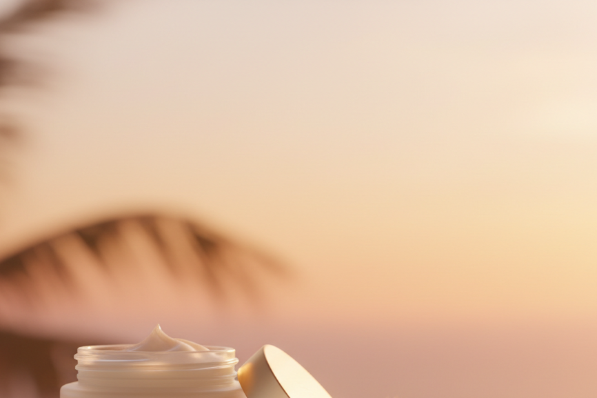 SKINCARE, SUNSET GOLDEN  HOUR, BODY BUTTER ELEGANTLY PLACED IN CORNER